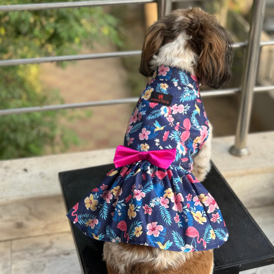 Pawgy Pets Hawaiian Flamingo dress navy blue for Dogs